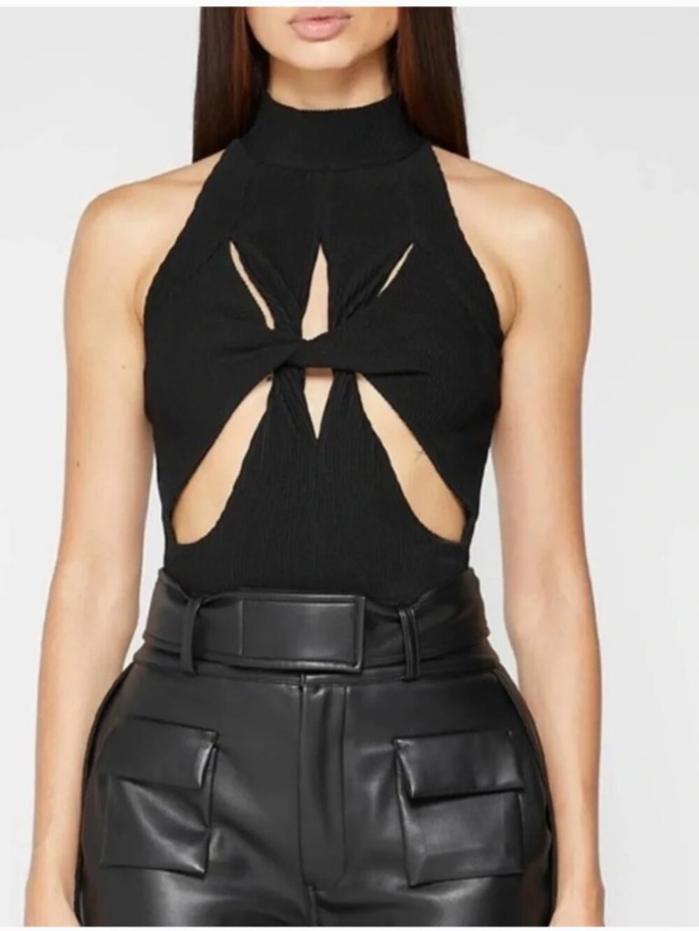 Maniere De Voir Black Ribbed Cut Out Twist Bodysuit Size 4